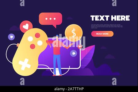 Video game screen and gamer person playing online console controller on computer. Creative design development vector illustration Stock Vector