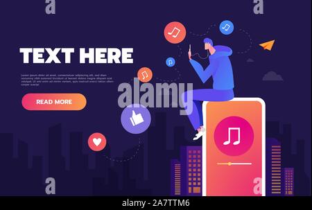 Young man dancing to the music playing on his phone. The concept of listening to music on social networks. Landing page concepts and web design Stock Vector