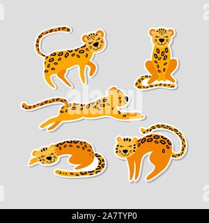 Set of stickers with cute cartoon leopards in different situations. Flat vector illustration. Stock Vector