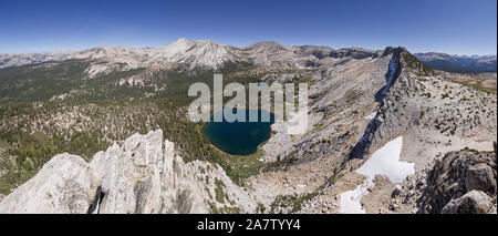 panorama from Ragged Peak looking over Young Lakes towards Mount Conness in Northern Yosemite Stock Photo