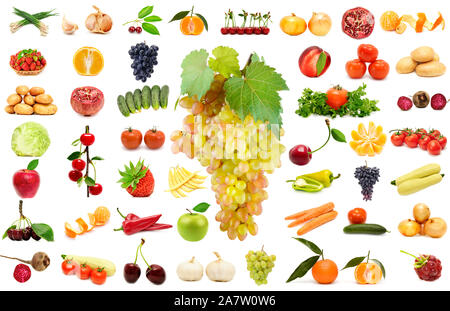 Large set vegetables and fruits isolated on white background. Collage natural products. Stock Photo