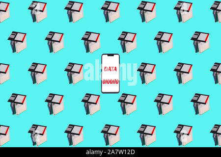 Background with old floppy diskettes in tile format, with a smartphone in the center as a concept of comparison between old and new media device Stock Photo