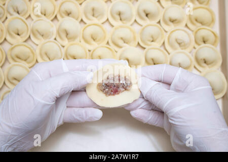 Uncooked russian pelmeni on cutting board. dumpling making Stock Photo