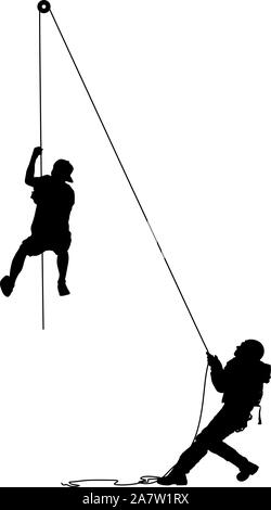 Black silhouette craftsman pulling rope on white background. Stock Vector