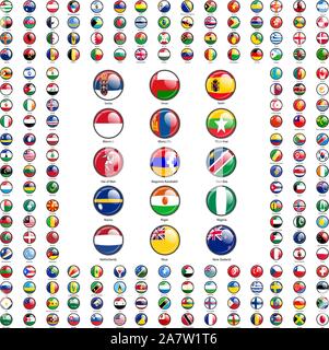 Set circle icon Flags of world sovereign states signed by the countries names. Stock Vector