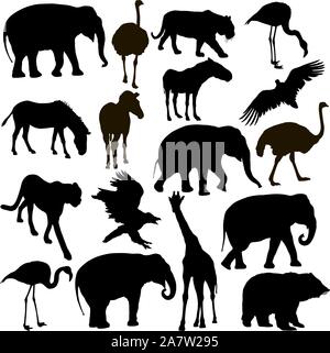 Silhouette elephant bear eagle trot duck zebra parrot on a white background. Stock Vector