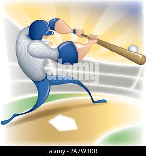 Baseball cartoon character player in action with stadium on background Stock Vector