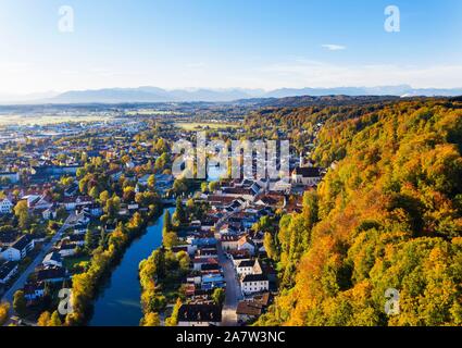 Old Town Wolfratshausen with Loisach and mountain forest, aerial view, Upper Bavaria, Bavaria, Germany Stock Photo