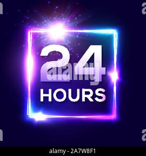 24 hours clock in square glowing electric frame. Stock Vector