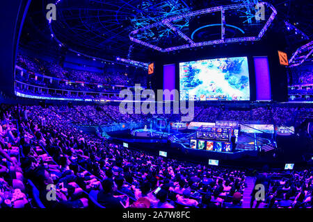 Players compete in the Dota 2 International game during the TI9 grand final match in Shanghai, China, 25 August 2019.   An unforgettable Dota 2 Intern Stock Photo