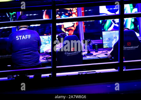 Players compete in the Dota 2 International game during the TI9 grand final match in Shanghai, China, 25 August 2019. An unforgettable Dota 2 Internat Stock Photo