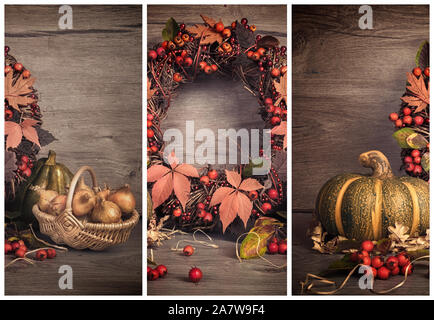 Autumn still life collage with pumpkin, berry wreath and onions on wood. This image is toned. Stock Photo