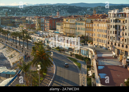 Nice, France - April 04, 2019: Evening view on Quai des Etats-Unis (dock of the United States) from stairs of Bellanda tower. Stock Photo