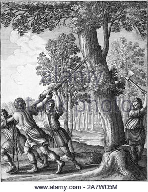 The Fir and the Bramble, one of Aesop's Fables, etching by Bohemian etcher Wenceslaus Hollar from 1600s Stock Photo