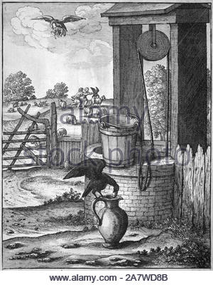 The Crow and the Pitcher, one of Aesop's Fables, etching by Bohemian etcher Wenceslaus Hollar from 1600s Stock Photo
