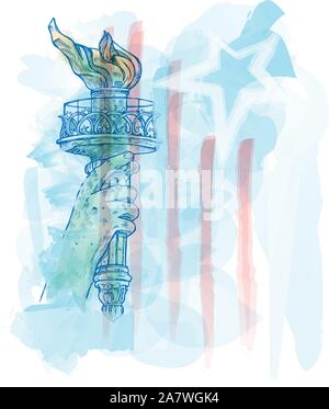 watercolor torch of statue of liberty on USA flag Stock Vector