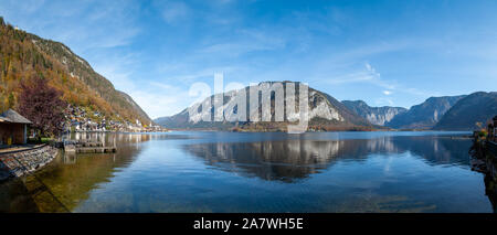 Panorma of famous Hallstatt. Hallstatt is located in the south of Upper Austria. The houses are built directly by Lake Hallstatt and the surrounding m Stock Photo