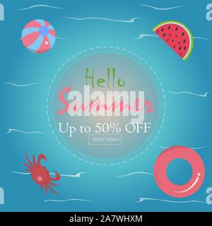 Summer Sale Card with Crab, rubber ring, watermelon and swimming pool ball. Colorful Design Stock Vector
