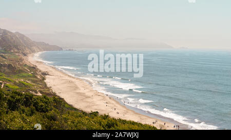 View of the Pacific Ocean from above on plant covered sand dune cliff, foggy sky, rolling tide coming in on sandy beach Stock Photo