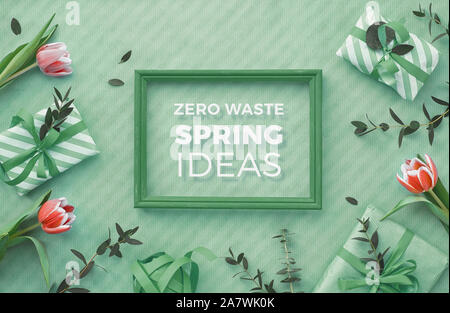 Green eco friendly background with wrapped gift boxes and fresh eucalyptus twigs around wooden frame with text "Zero Waste Spring ideas".. Flat lay, t Stock Photo