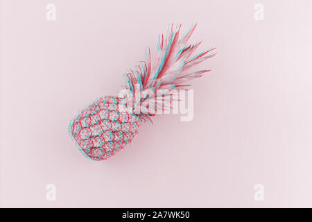 Pink pineapple toned in trendy neon duotone colours with glitch effect on pink background, flat lay, copy space Stock Photo