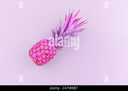 Fresh pineapple toned in trendy neon duotone colors on pink background, flat lay, copy space Stock Photo