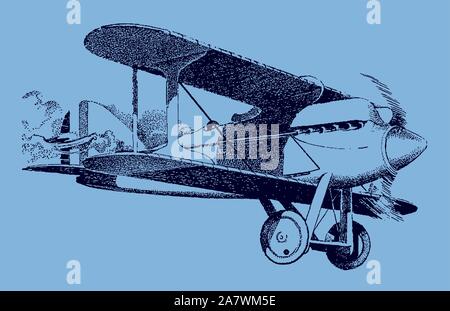 Historic racing plane in the air on a blue-grey background. Editable in layers Stock Vector