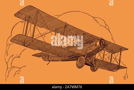 Historic two-seater plane flying in front of large cumulus clouds on an orange background. Editable in layers Stock Vector