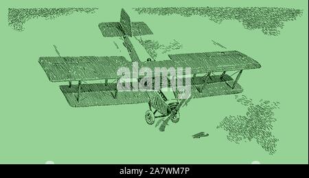 Historic plane in top view flying over a green water surface. Editable in layers Stock Vector