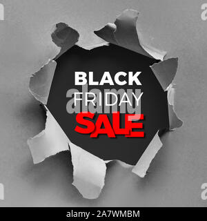 Black Friday sale background in black, grey and red colors. Hole in gray paper. Big Sale on Friday the 13th, creative square design element for your a Stock Photo