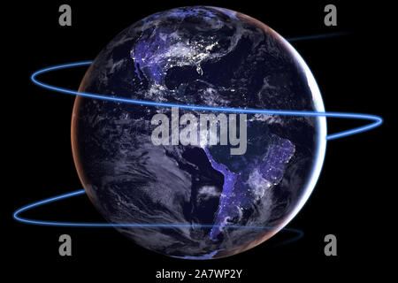Global connectivity concept with worldwide communication around the globe seen from space - contains elements furnished by NASA Stock Photo