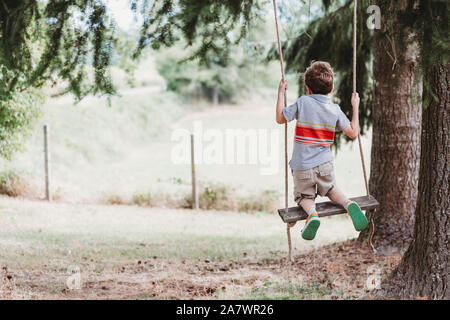 Rear view of boy kneeling on swing under pine trees Stock Photo