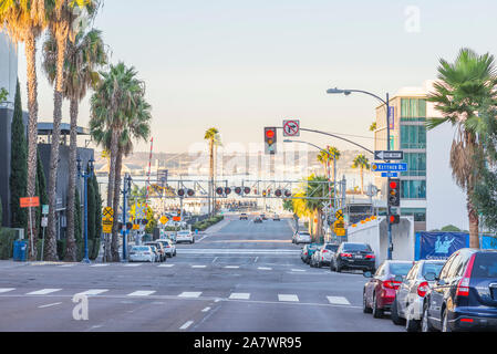 San Diego cityscape on a November morning. San Diego, California, USA. Looking down Hawthorne Street towards San Diego Harbor. Stock Photo