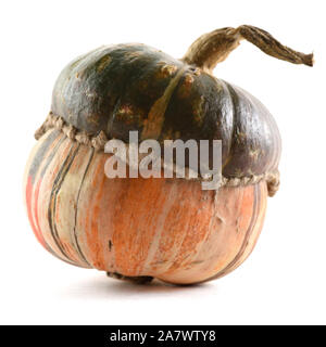 Heirloom food concept. Green and orange Turban pumpkin isolated on white background front view Stock Photo