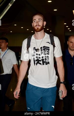 NBA star Gordon Hayward of Boston Celtics arrives at the Shanghai Pudong International Airport for his China tour in Shanghai, China, 9 August 2019. Stock Photo