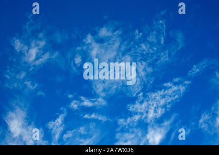 A deep blue sky with white Cirrus Fibratus, clouds floating by in rural Alberta Canada. Stock Photo