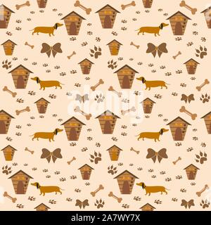 Seamless Dachshund Dog Pattern with bones, bows, dog houses and footprints. Vector Illustration Stock Vector