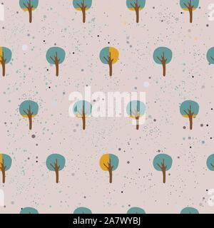 Cute Spring Pattern with funky small trees and dotted background ob subtle pink. Vector Illustration Stock Vector
