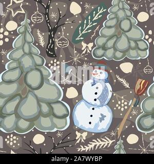 Colorful Seamless Winter Pattern with cute Snowman and Spruce Trees. Vector illustration Stock Vector