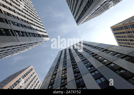 Round bottom up perspective view of modern city skyscraper building walls with many windows in business cluster