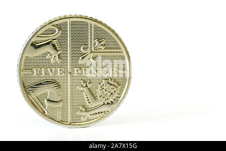 Five British pence coin isolated on white background Stock Photo