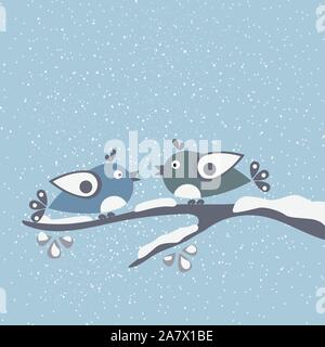 Two Birds sitting on a Branch say "Hello Winter". Hello winter card with cartoon birds a on a branch covered with snow. Winter background. Greeting ca Stock Vector