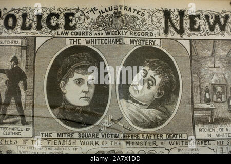 Jack the Ripper era newspaper (replica): Illustrated Police News front page showing summary of Whitechapel Murders in 1888. Stock Photo