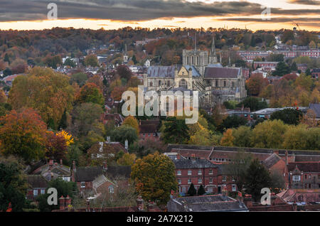 View over Winchester during autumn from St Giles Hill with Winchester Cathedral as the prominent landmark, City of Winchester, Hampshire, England, UK Stock Photo