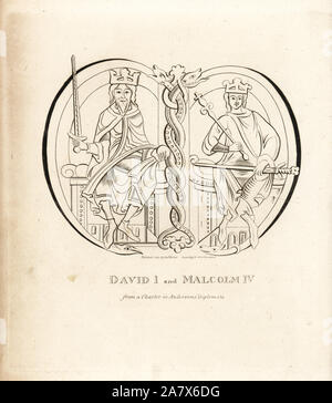 King David I (1084-1153) and King Malcolm IV of Scotland (1141-1165), from a charter in Anderson's Diplomata. Copperplate engraving by from John Pinkerton's Iconographia Scotica, or Portraits of Illustrious Persons of Scotland, London, 1797. Stock Photo