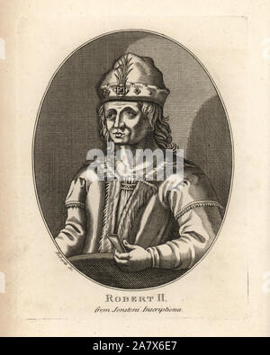 King Robert II of Scotland, 1316-1390. Called blear eye for his inflamed and distorted eyes. From a portrait in J. Jonston's Inscriptiones historicae. Copperplate engraving by Roberts from John Pinkerton's Iconographia Scotica, or Portraits of Illustrious Persons of Scotland, London, 1797. Stock Photo