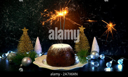 Christmas pudding, English style holiday dessert, with festive sparkler on dark marble counter background. Stock Photo