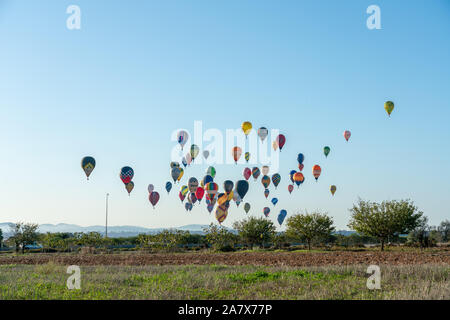 Vilafranca de Bonany, Balearic Islands / Spain - October 26, 2019: Hot air balloons flight view, European championship event. In a rural landscape. Stock Photo