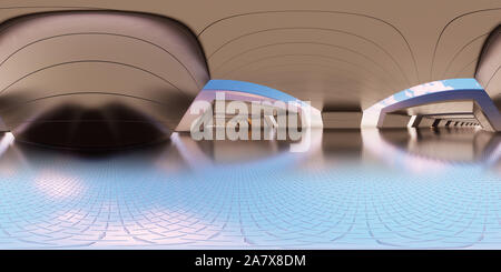 360 degree panoramic view of Colorful 360 degree abstract panoramic background: metal tunnel.  (Car backplate, 3D rendering computer digitally generated illustration.)