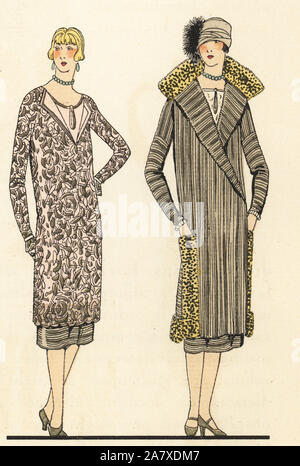 Woman in evening dress of gold lace and woman in coat of gold lame trimmed with leopard fur. Handcolored pochoir (stencil) lithograph from the French luxury fashion magazine Art, Gout, Beaute, 1925. Stock Photo